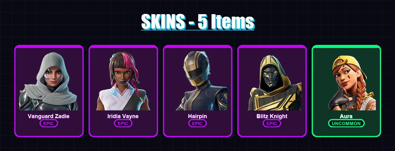 [PS4/PS5/XBOX/PC] | Vanguard Zadie | Iridia Vayne | Hairpin | Blitz Knight | Aura | 5 skin | 42 pickaxe | 18 emote | 24 glider | Lv430