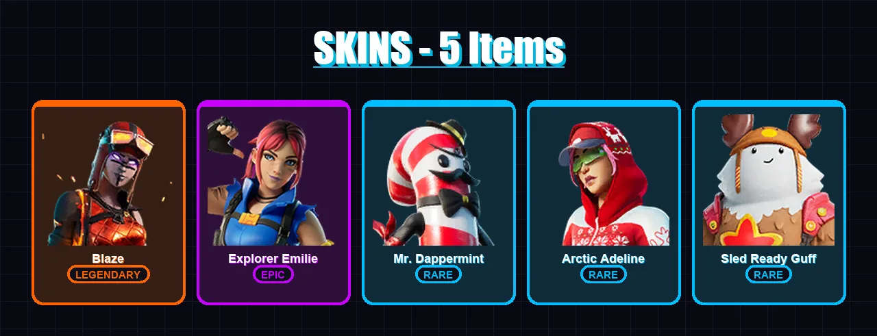 [PC/XBOX/PSN] | Blaze | Explorer Emilie | Mr. Dappermint | Arctic Adeline | Sled Ready Guff | 5 skin | 13 pickaxe | 10 emote | 18 glider | Lv201