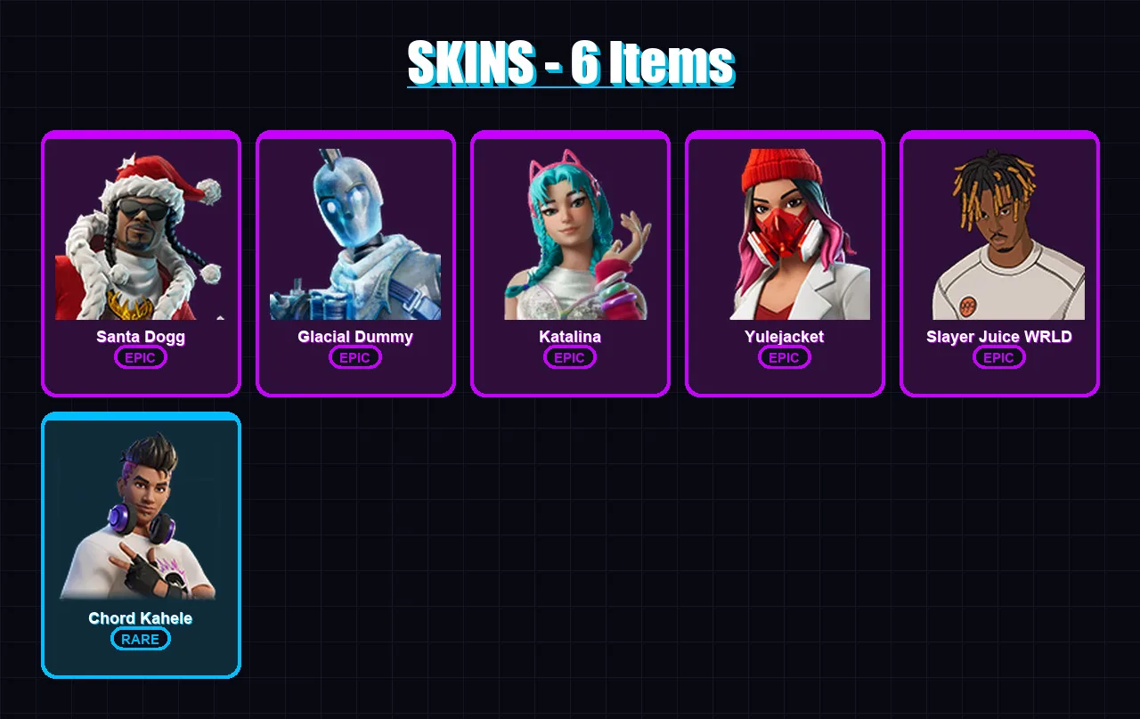 [PC/XBOX/PSN] | Santa Dogg | Glacial Dummy | Katalina | Yulejacket | Slayer Juice WRLD | 6 skin | 13 pickaxe | 4 emote | 7 glider | Lv61