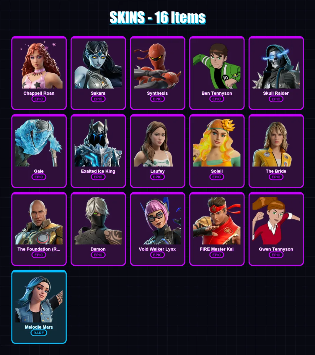 [PC/XBOX/PSN] | Chappell Roan | Sakara | Synthesis | Ben Tennyson | Skull Raider | 16 skin | 16 pickaxe | 4 emote | 5 glider | Lv22