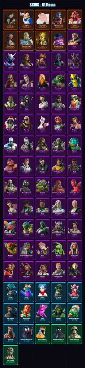 [PC/XBOX/PSN] | Era | Vegeta | Peter Griffin | Optimus Prime | Valeria | 81 skin | 98 pickaxe | 76 emote | 73 glider | Lv1052