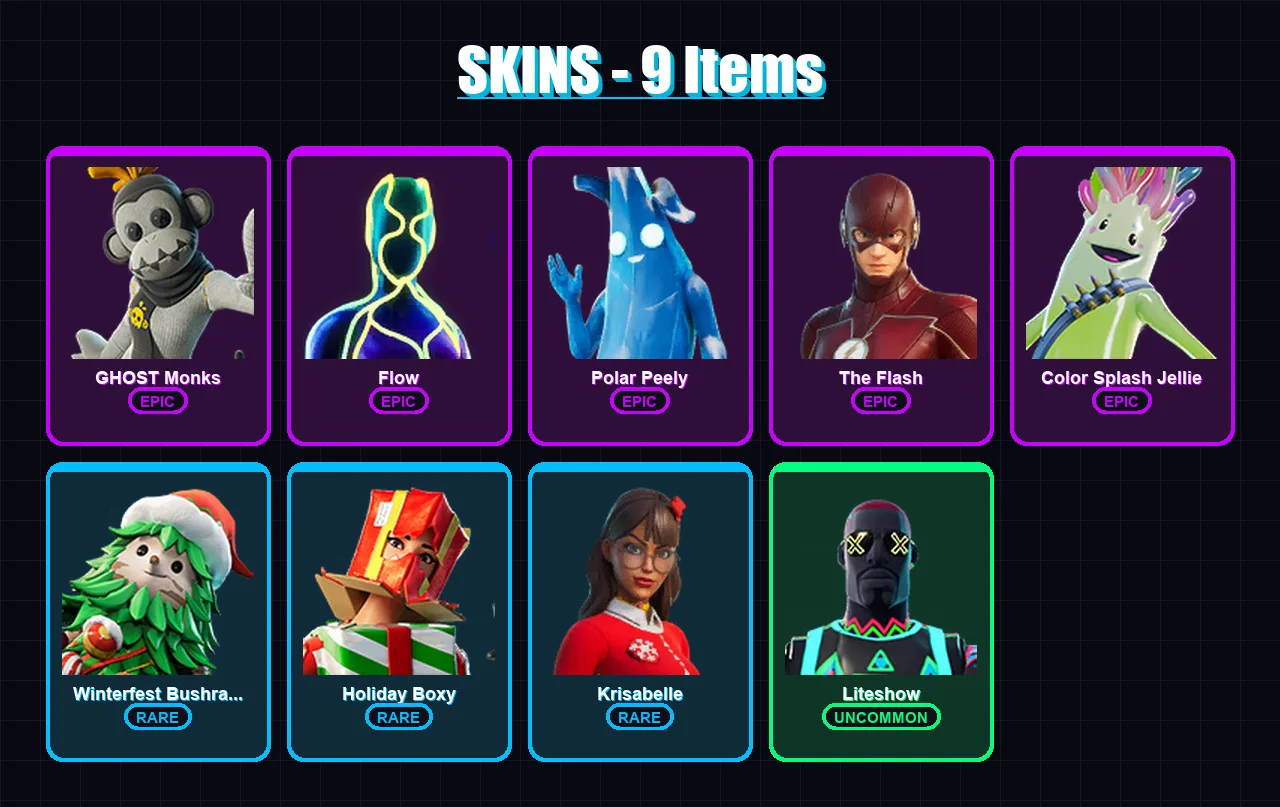 [PS4/PS5/XBOX/PC] | GHOST Monks | Flow | Polar Peely | The Flash | Color Splash Jellie | 9 skin | 36 pickaxe | 37 emote | 35 glider | Lv562