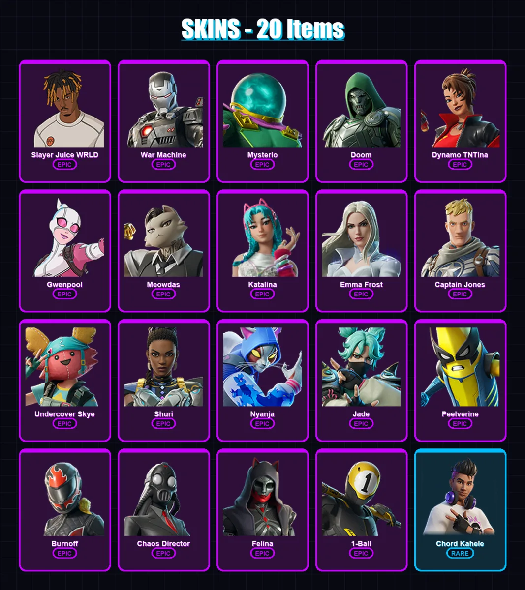 [PC/XBOX/PSN] | Slayer Juice WRLD | War Machine | Mysterio | Doom | Dynamo TNTina | 20 skin | 35 pickaxe | 27 emote | 25 glider | Lv327