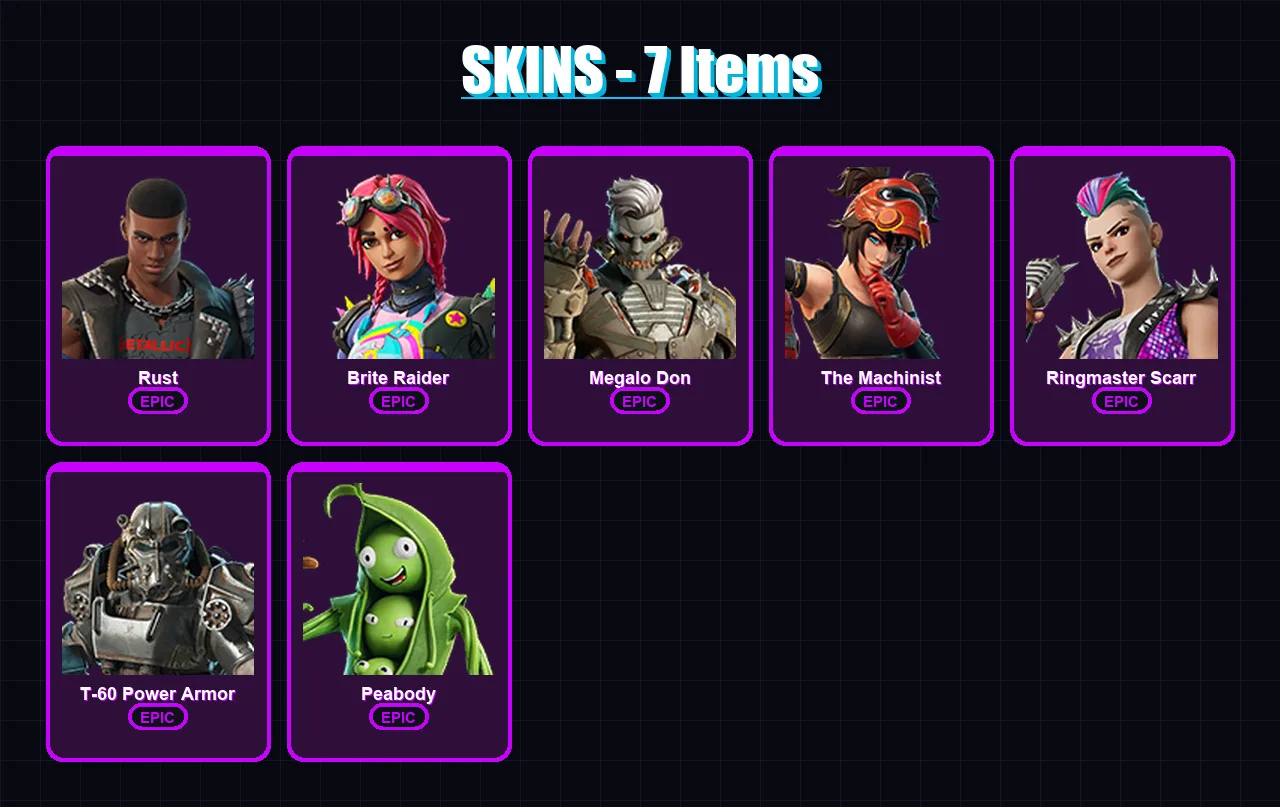 [PC/XBOX/PSN] | Rust | Brite Raider | Megalo Don | The Machinist | Ringmaster Scarr | 7 skin | 16 pickaxe | 11 emote | 17 glider | Lv178