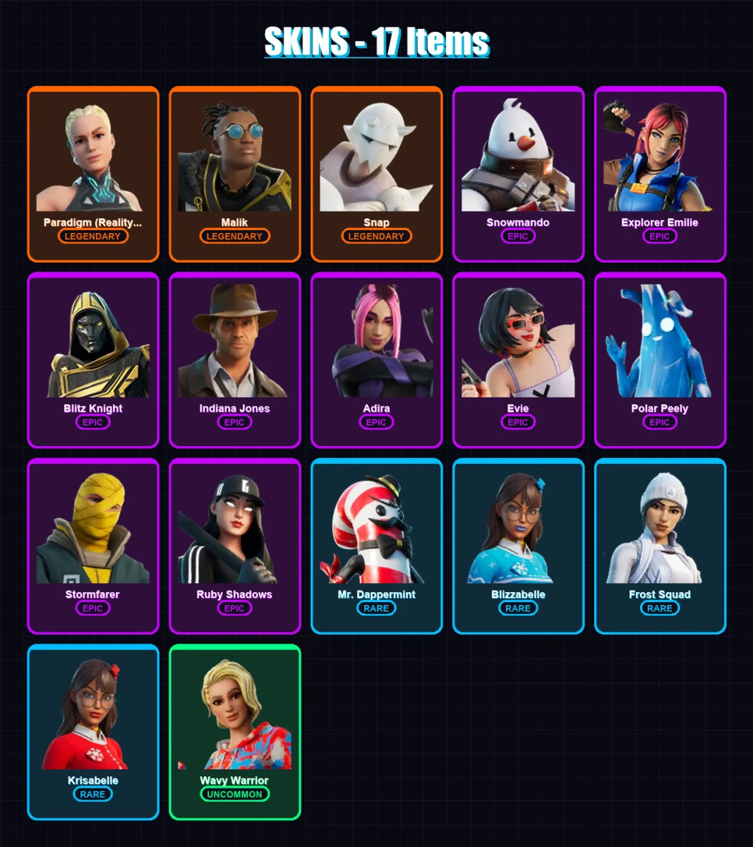 [PC/XBOX/PSN] | Paradigm (Reality-659) | Malik | Snap | Snowmando | Explorer Emilie | 17 skin | 42 pickaxe | 26 emote | 35 glider | Lv605