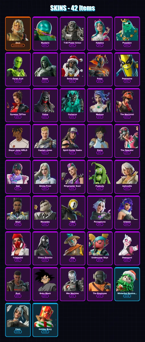 [PC/XBOX/PSN] | Zeus | Mysterio | T-60 Power Armor | Katalina | Poseidon | 42 skin | 83 pickaxe | 52 emote | 53 glider | Lv604