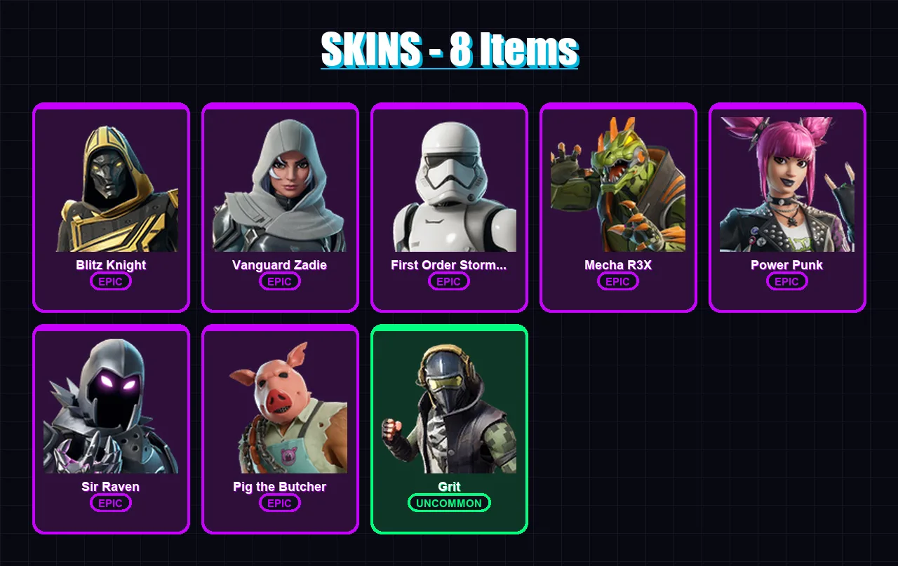 [PS4/PS5/PC] | Blitz Knight | Vanguard Zadie | First Order Stormtrooper | Mecha R3X | Power Punk | 8 skin | 35 pickaxe | 15 emote | 21 glider | Lv23