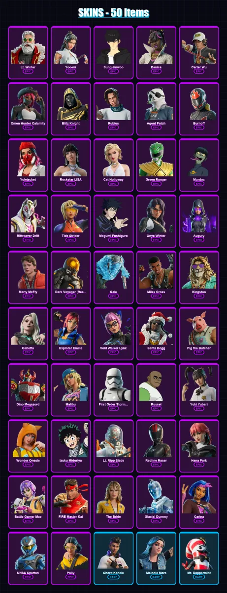 [PC/XBOX/PSN] | Lt. Winter | Yoo-mi | Sung Jinwoo | Danica | Carter Wu | 50 skin | 77 pickaxe | 47 emote | 44 glider | Lv550