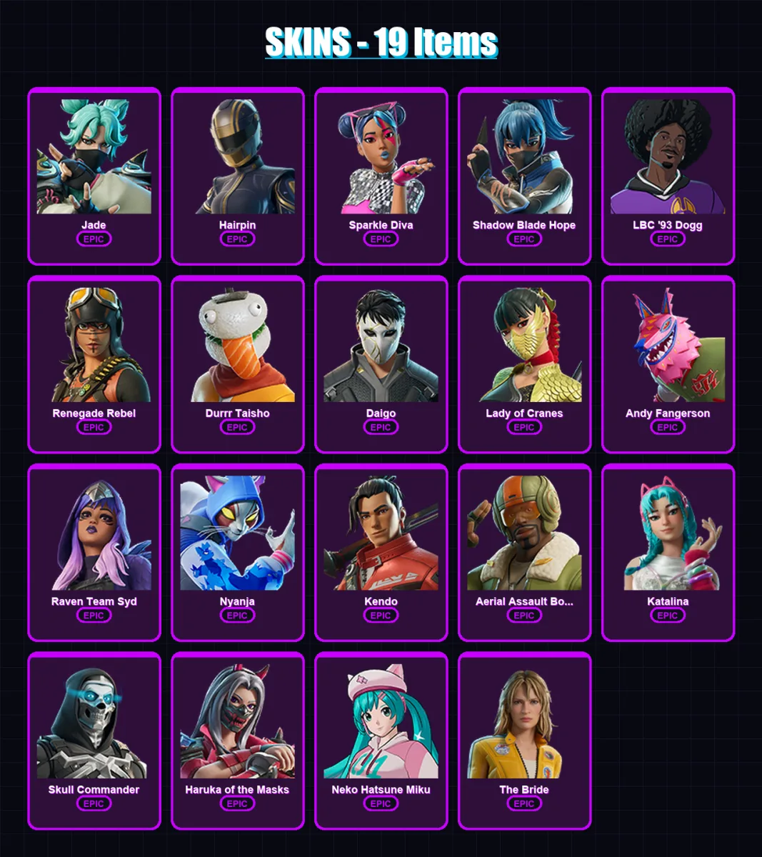 [PC/PSN] | Jade | Hairpin | Sparkle Diva | Shadow Blade Hope | LBC '93 Dogg | 19 skin | 29 pickaxe | 16 emote | 16 glider | Lv115
