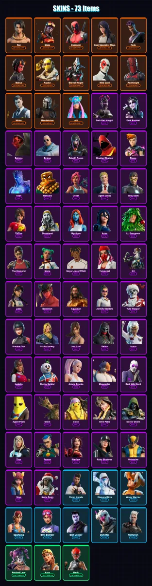 [PC/XBOX] | Raz | Blaze | Deadpool | Gear Specialist Maya | Fade | 73 skin | 98 pickaxe | 46 emote | 69 glider | Lv1172