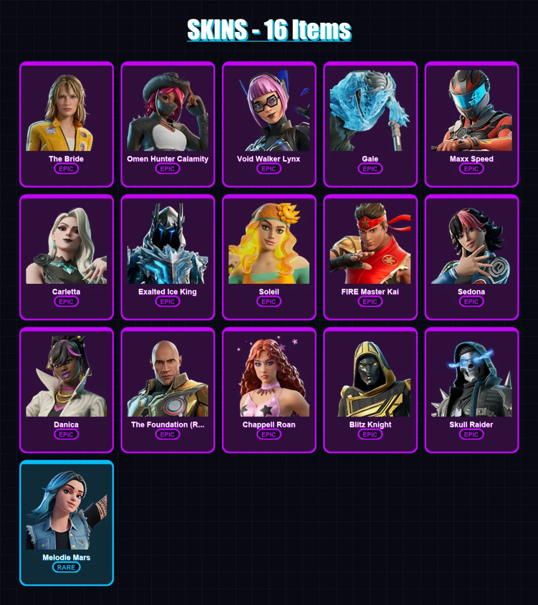 [PC/XBOX/PSN] | The Bride | Omen Hunter Calamity | Void Walker Lynx | Gale | Maxx Speed | 16 skin | 26 pickaxe | 9 emote | 13 glider | Lv135