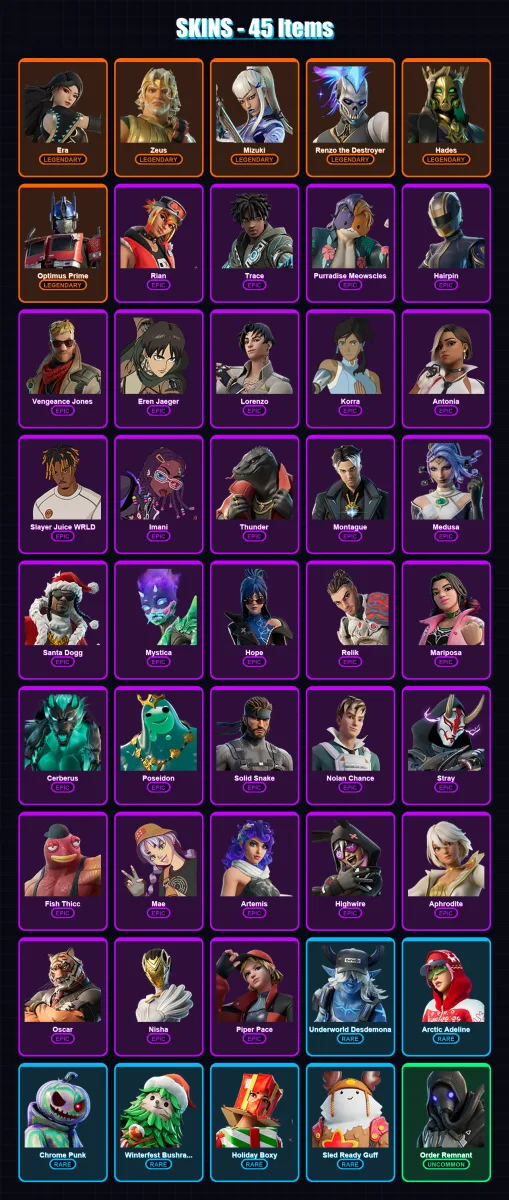 [PS4/PS5/XBOX/PC] | Era | Zeus | Mizuki | Renzo the Destroyer | Hades | 45 skin | 82 pickaxe | 53 emote | 70 glider | Lv876