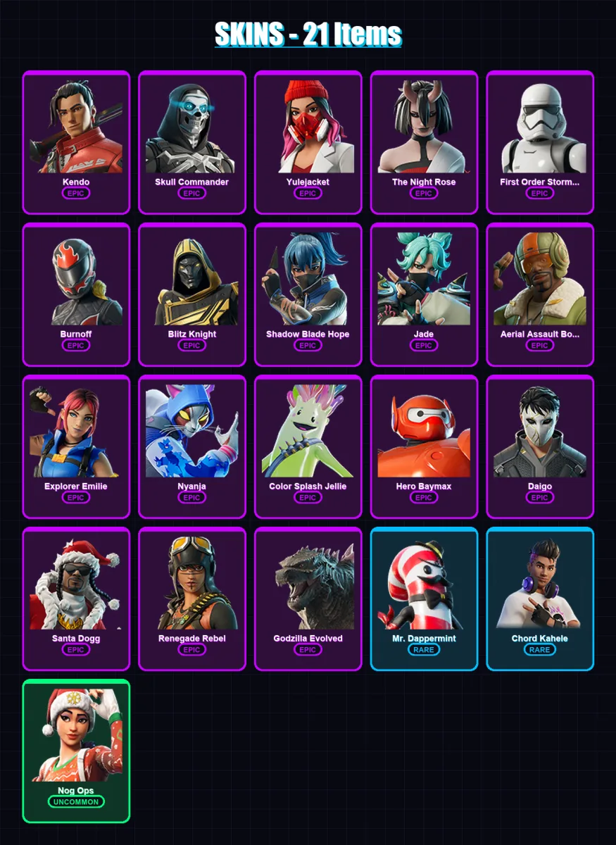 [PC/XBOX/PSN] | Kendo | Skull Commander | Yulejacket | The Night Rose | First Order Stormtrooper | 21 skin | 42 pickaxe | 21 emote | 31 glider | Lv4