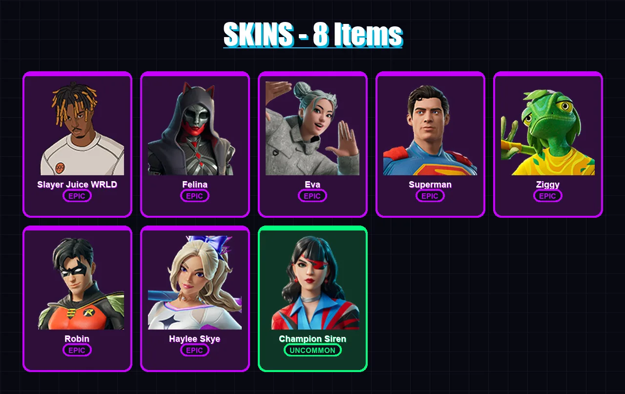 [PC/XBOX/PSN] | Slayer Juice WRLD | Felina | Eva | Superman | Ziggy | 8 skin | 38 pickaxe | 21 emote | 30 glider | Lv327