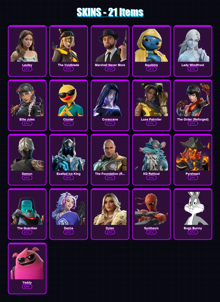 [PC/XBOX/PSN] | Laufey | The Voidblade | Marshall Never More | Squibbly | Lady Windfrost | 21 skin | 28 pickaxe | 19 emote | 22 glider | Lv229