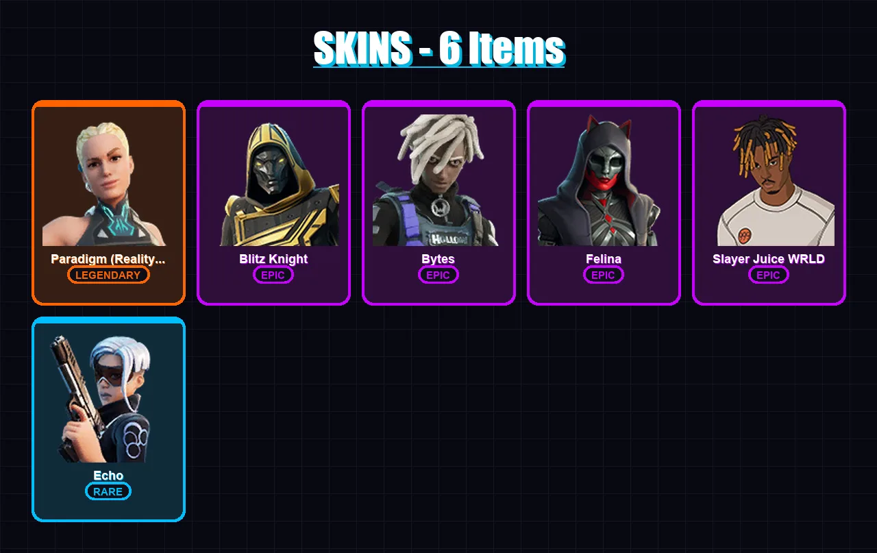 [PS4/PS5/XBOX/PC] | Paradigm (Reality-659) | Blitz Knight | Bytes | Felina | Slayer Juice WRLD | 6 skin | 40 pickaxe | 17 emote | 23 glider | Lv433