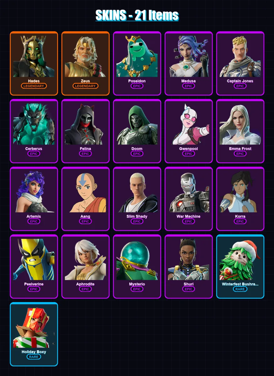 [PC/XBOX/PSN] | Hades | Zeus | Poseidon | Medusa | Captain Jones | 21 skin | 28 pickaxe | 27 emote | 23 glider | Lv335