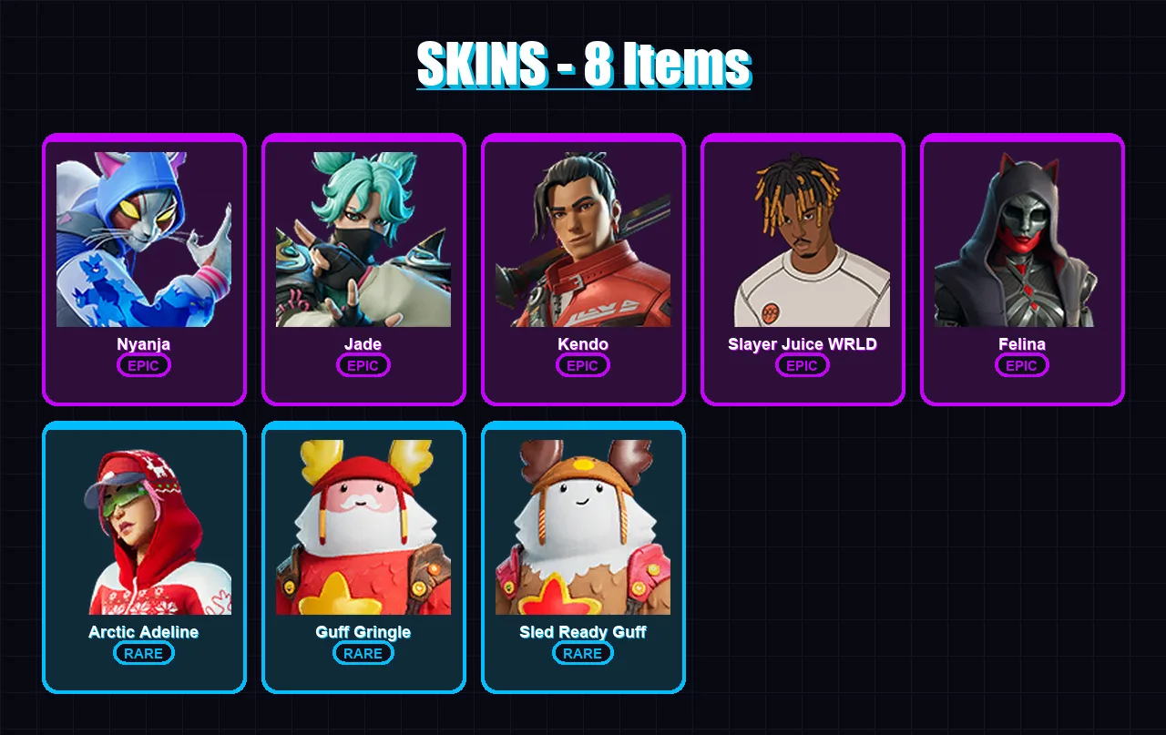 [PC/XBOX/PSN] | Nyanja | Jade | Kendo | Slayer Juice WRLD | Felina | 8 skin | 18 pickaxe | 14 emote | 14 glider | Lv144