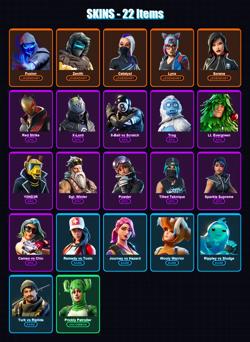 [PC/XBOX/PSN] | Fusion | Zenith | Catalyst | Lynx | Sorana | 22 skin | 24 pickaxe | 38 emote | 36 glider | Lv634
