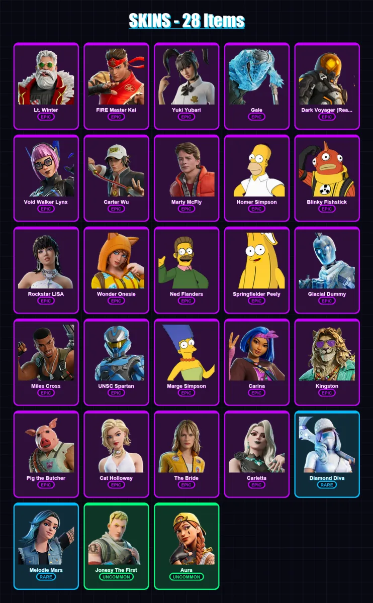 [PC] | Lt. Winter | FIRE Master Kai | Yuki Yubari | Gale | Dark Voyager (Reality Redacted) | 28 skin | 47 pickaxe | 30 emote | 28 glider | Lv761