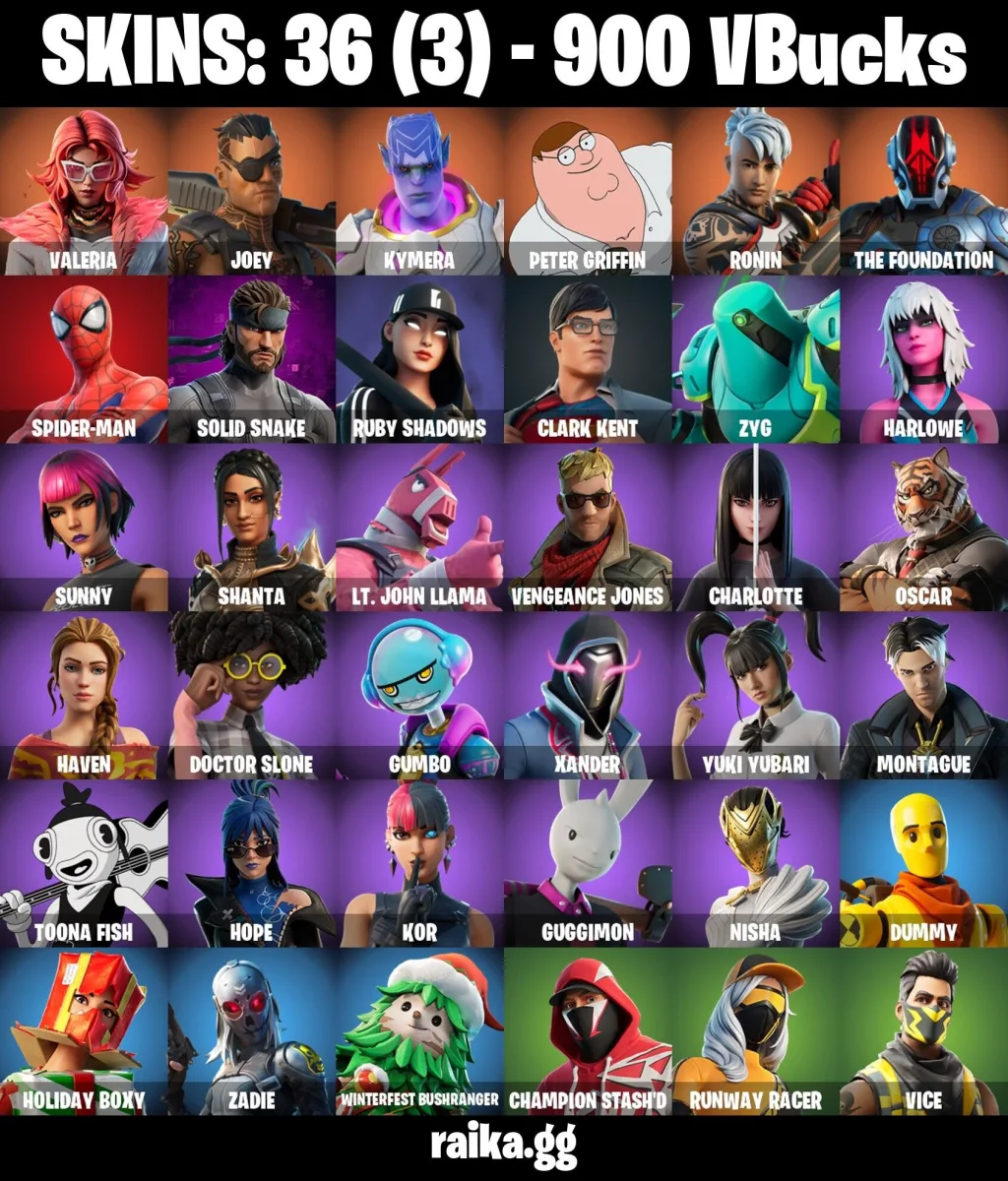 PC/PSN/XBOX 36 skins Spider-Man | Peter Griffin | Valeria | Joey | Kymera | Ronin | The Foundation | Ruby Shadows | 900 V-Bucks Fast Delivery — Fortnite account