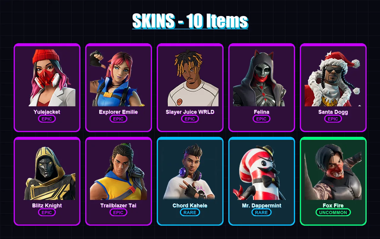 [PS4/PS5/XBOX/PC] | Yulejacket | Explorer Emilie | Slayer Juice WRLD | Felina | Santa Dogg | 10 skin | 52 pickaxe | 24 emote | 31 glider | Lv594