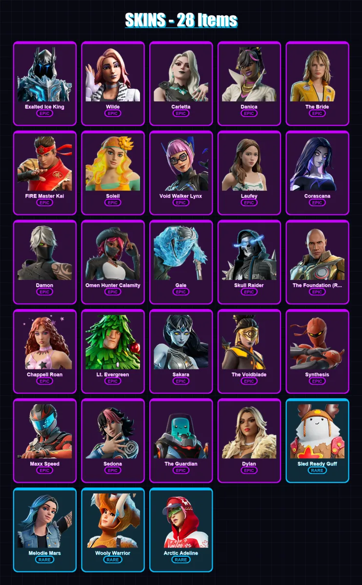 [PC/XBOX/PSN] | Exalted Ice King | Wilde | Carletta | Danica | The Bride | 28 skin | 22 pickaxe | 15 emote | 13 glider | Lv181