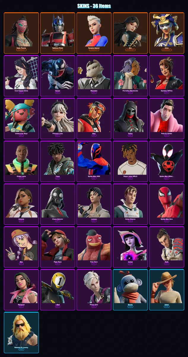 [PC/PSN] | Kado Thorne | Optimus Prime | Dynamo Dancer | Era | Hime | 36 skin | 54 pickaxe | 34 emote | 33 glider | Lv425