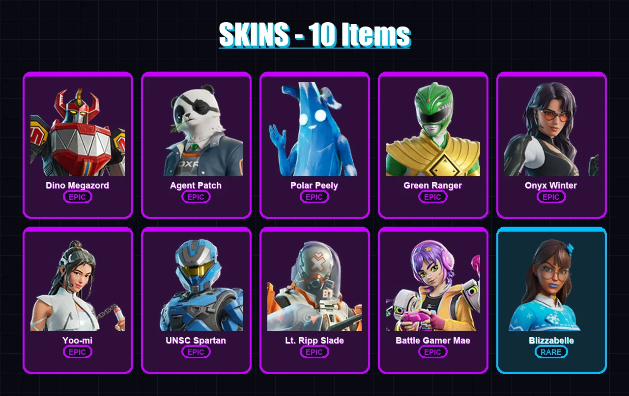 [PC/XBOX/PSN] | Dino Megazord | Agent Patch | Polar Peely | Green Ranger | Onyx Winter | 10 skin | 30 pickaxe | 17 emote | 24 glider | Lv388
