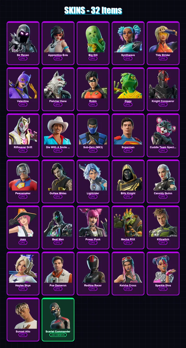 [PC/XBOX/PSN] | Sir Raven | Apprentice Evie | Big Dill | Synthwave | Tide Strider | 32 skin | 50 pickaxe | 35 emote | 36 glider | Lv318