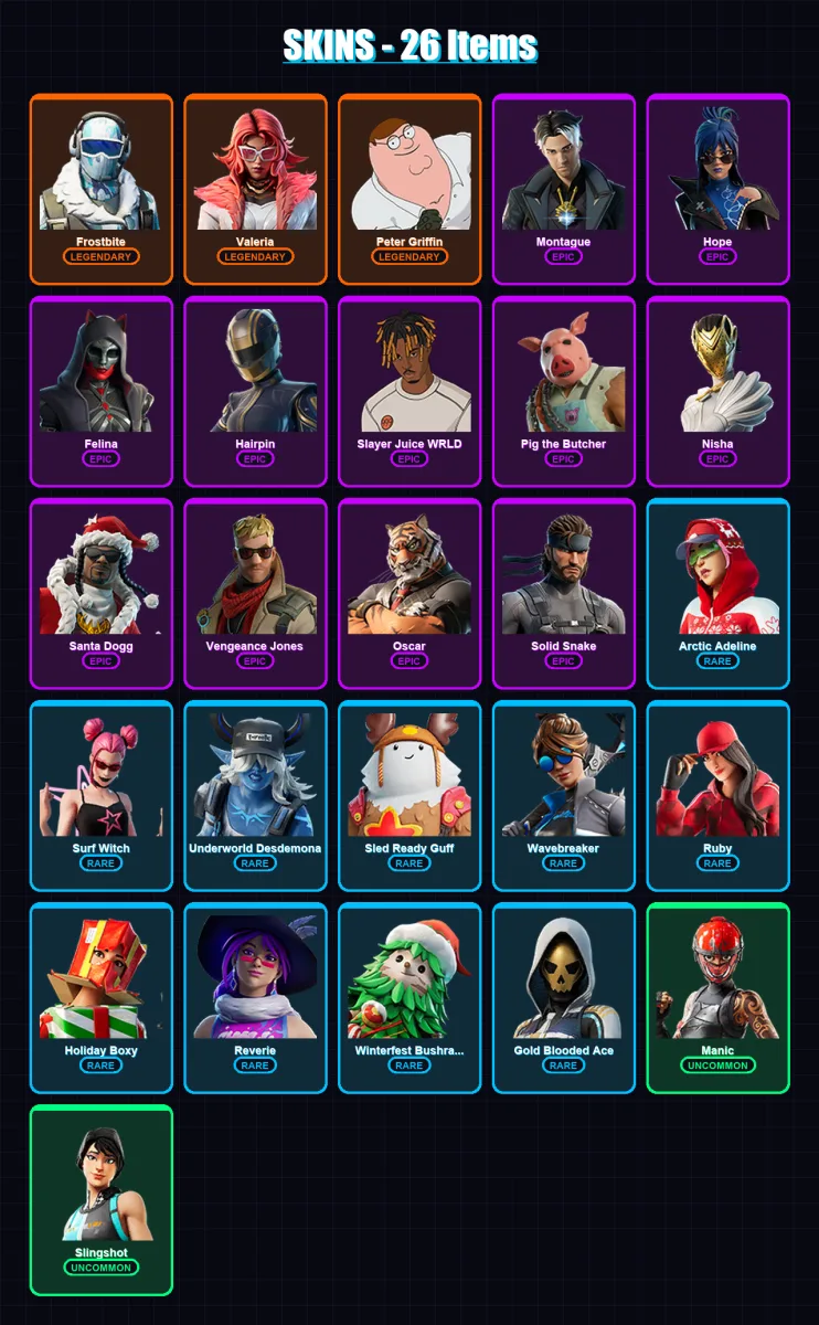 [PC/PSN] | Frostbite | Valeria | Peter Griffin | Montague | Hope | 26 skin | 63 pickaxe | 48 emote | 44 glider | Lv890 — Fortnite account
