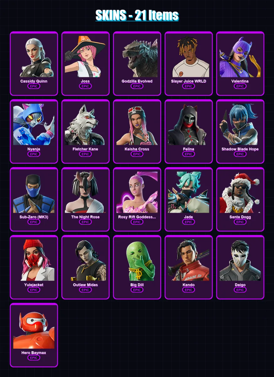 [PC/XBOX/PSN] | Cassidy Quinn | Joss | Godzilla Evolved | Slayer Juice WRLD | Valentina | 21 skin | 41 pickaxe | 24 emote | 26 glider | Lv454