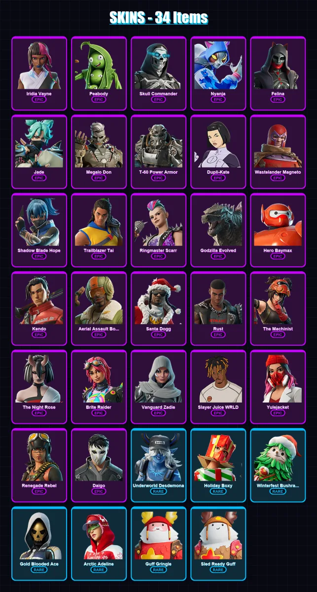 [PC/XBOX/PSN] | Iridia Vayne | Peabody | Skull Commander | Nyanja | Felina | 34 skin | 79 pickaxe | 65 emote | 66 glider | Lv2103