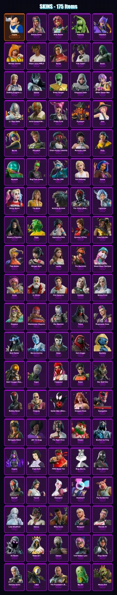 [PS4/PS5/XBOX/PC] | Vegeta | Keisha Cross | Brite Raider | Peabody | Valentina | 175 skin | 228 pickaxe | 176 emote | 123 glider | Lv2908