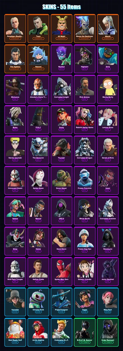 [PC/PSN] | Paradigm (Reality-659) | Twyn | All Might | Renzo the Destroyer | Mizuki | 55 skin | 44 pickaxe | 34 emote | 32 glider | Lv460