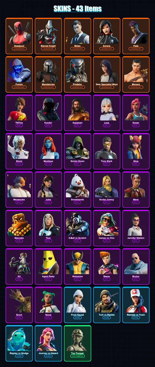 [PS4/PS5/XBOX/PC] | Deadpool | Eternal Knight | Midas | Sorana | Fade | 43 skin | 49 pickaxe | 34 emote | 47 glider | Lv744 — Fortnite account