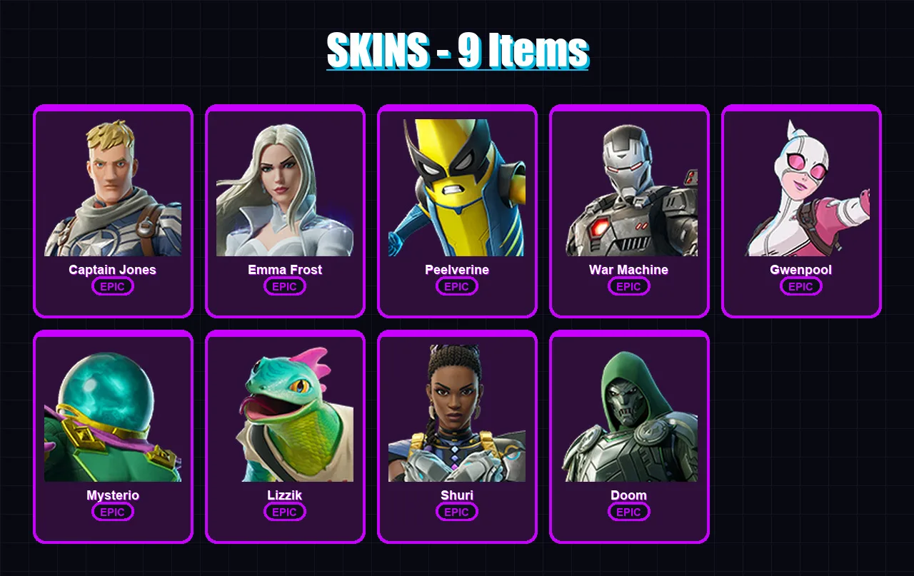 [PC/XBOX/PSN] | Captain Jones | Emma Frost | Peelverine | War Machine | Gwenpool | 9 skin | 19 pickaxe | 12 emote | 16 glider | Lv179