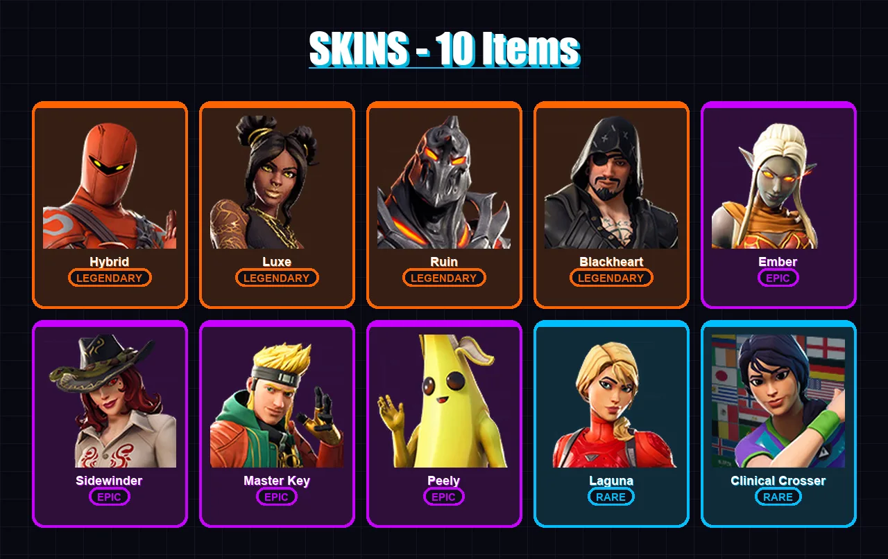 [SWITCH/XBOX/PSN/PC] | Hybrid | Luxe | Ruin | Blackheart | Ember | 10 skin | 15 pickaxe | 19 emote | 18 glider | Lv237 — Fortnite account