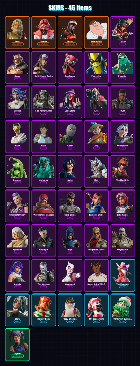 [PC/PSN] | Zeus | Valeria | Blaze | Peter Griffin | Tatsuo | 46 skin | 55 pickaxe | 36 emote | 41 glider | Lv510