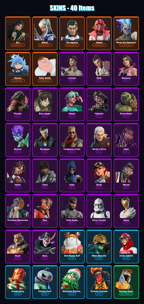 [PC/XBOX/PSN] | Era | Mizuki | The Ageless | Valeria | Renzo the Destroyer | 40 skin | 71 pickaxe | 44 emote | 65 glider | Lv964
