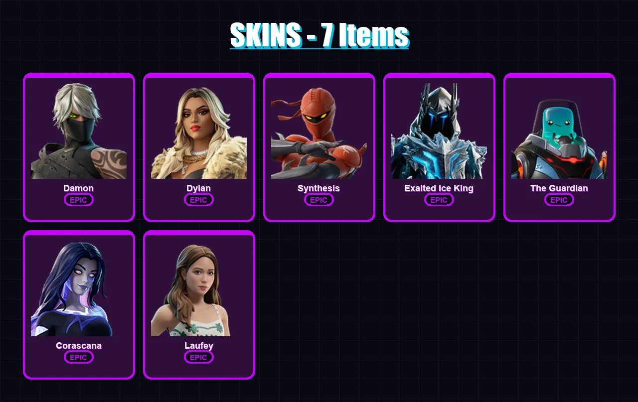 [PC/PSN] | Damon | Dylan | Synthesis | Exalted Ice King | The Guardian | 7 skin | 5 pickaxe | 2 emote | 5 glider | Lv14