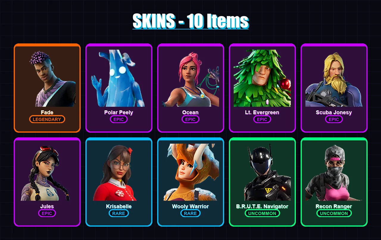 [PS4/PS5/XBOX/PC] | Fade | Polar Peely | Ocean | Lt. Evergreen | Scuba Jonesy | 10 skin | 20 pickaxe | 22 emote | 18 glider | Lv345