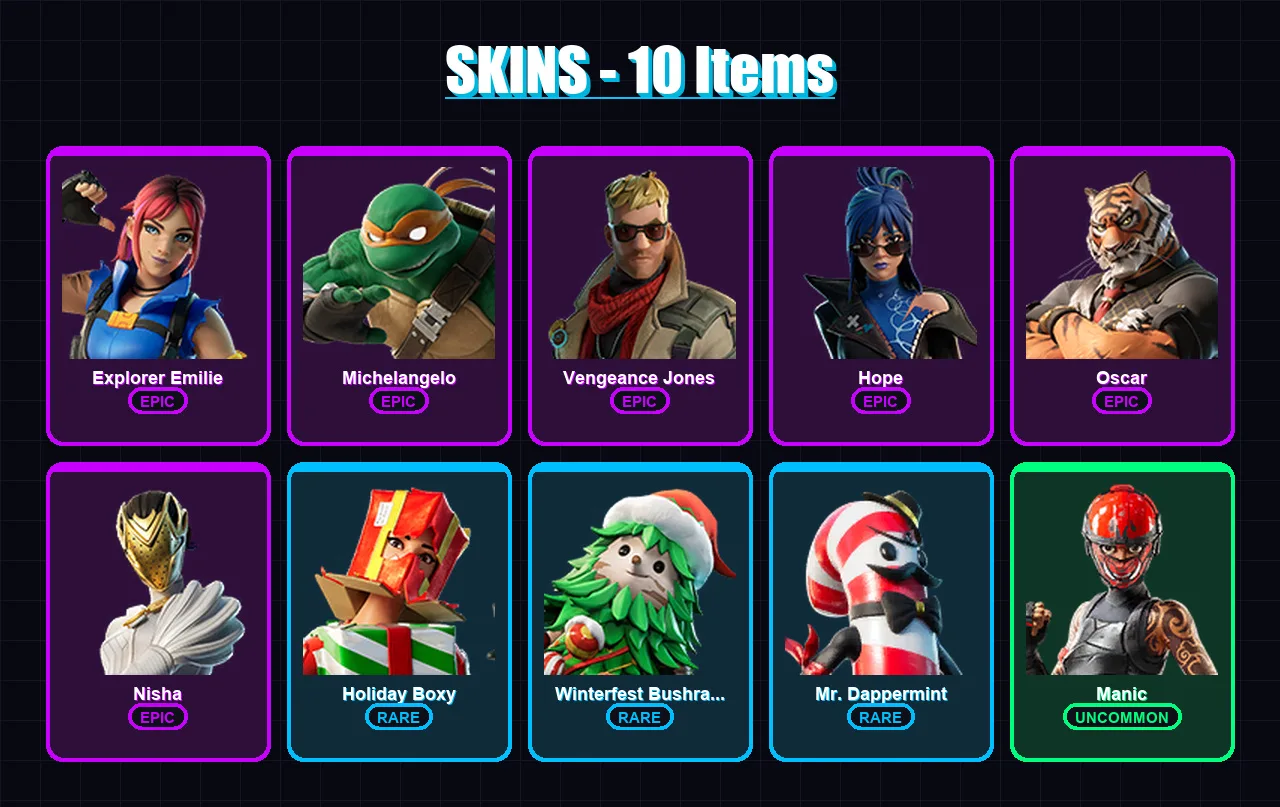 [PC/XBOX/PSN] | Explorer Emilie | Michelangelo | Vengeance Jones | Hope | Oscar | 10 skin | 9 pickaxe | 5 emote | 9 glider | Lv71 — Fortnite account