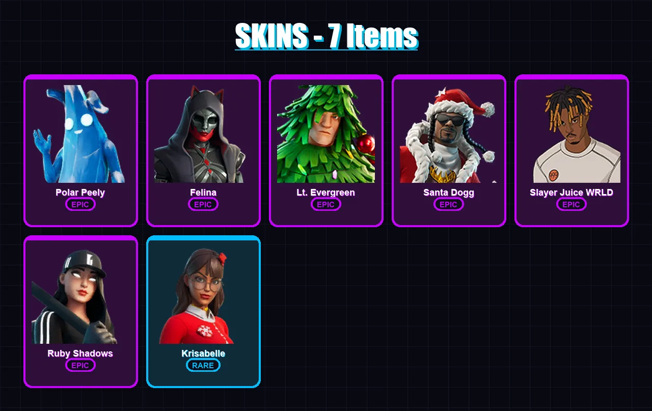 [PC/XBOX/PSN] | Polar Peely | Felina | Lt. Evergreen | Santa Dogg | Slayer Juice WRLD | 7 skin | 28 pickaxe | 18 emote | 23 glider | Lv332