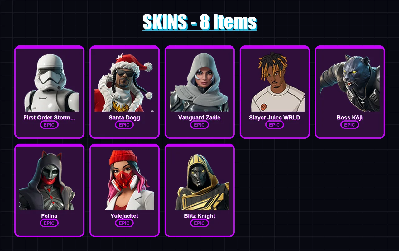 [PC/PSN] | First Order Stormtrooper | Santa Dogg | Vanguard Zadie | Slayer Juice WRLD | Boss Kōji | 8 skin | 59 pickaxe | 22 emote | 37 glider | Lv8