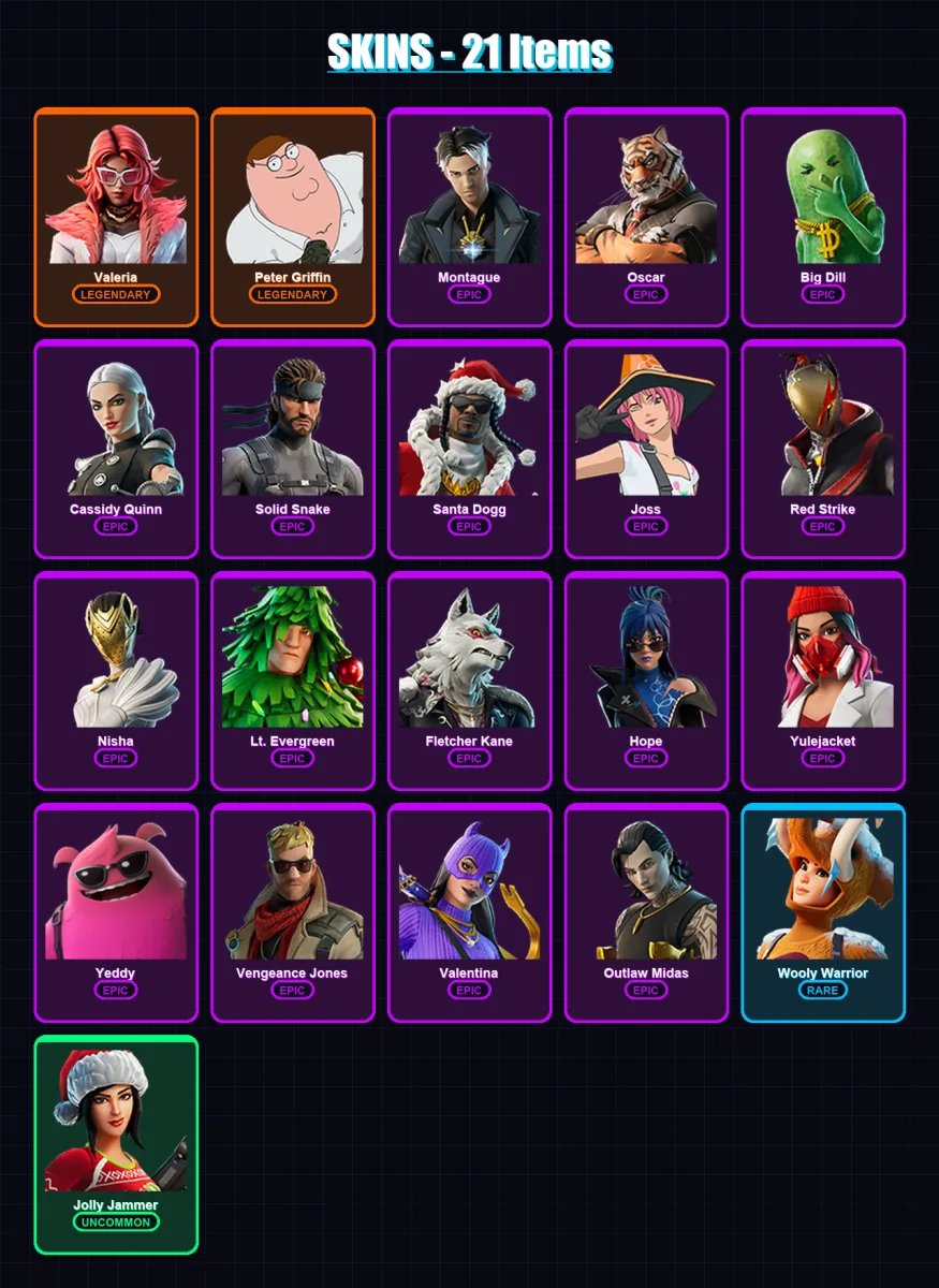 [PC/XBOX] | Valeria | Peter Griffin | Montague | Oscar | Big Dill | 21 skin | 62 pickaxe | 38 emote | 53 glider | Lv648