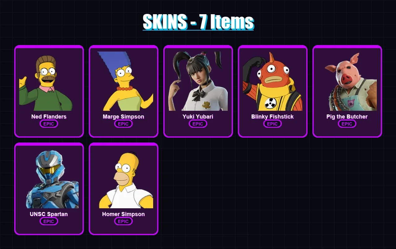 [PC/XBOX/PSN] | Ned Flanders | Marge Simpson | Yuki Yubari | Blinky Fishstick | Pig the Butcher | 7 skin | 31 pickaxe | 14 emote | 22 glider | Lv344