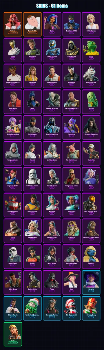 [SWITCH/PC] | Valeria | Peter Griffin | Carina | Sub-Zero (MK3) | Cat Holloway | 61 skin | 98 pickaxe | 62 emote | 68 glider | Lv905