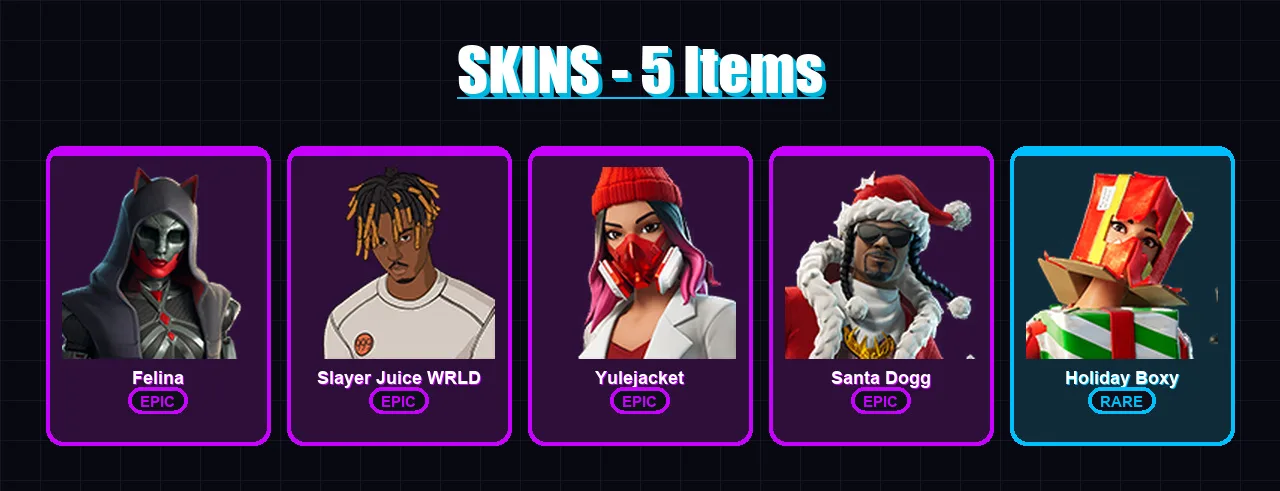 [PC/PSN] | Felina | Slayer Juice WRLD | Yulejacket | Santa Dogg | Holiday Boxy | 5 skin | 39 pickaxe | 11 emote | 34 glider | Lv439