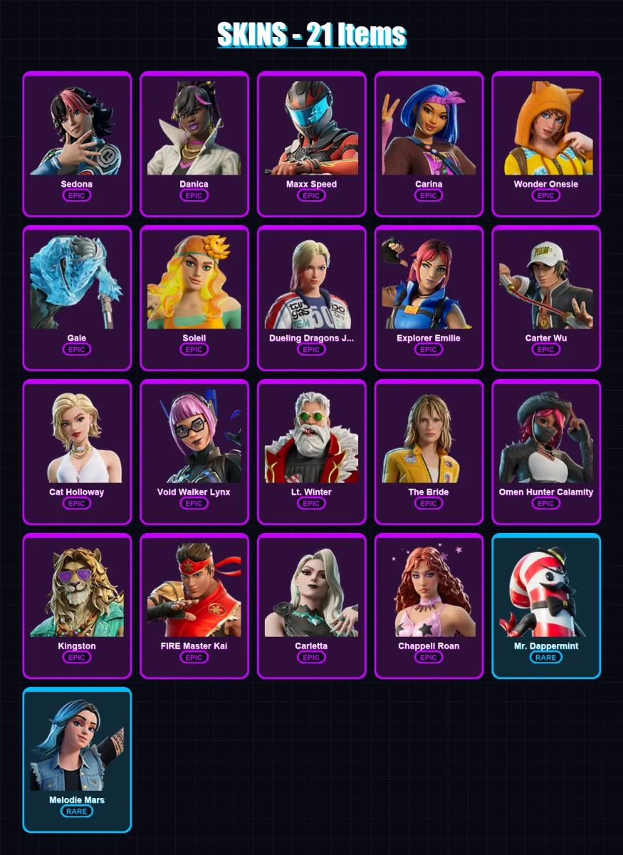 [PC/XBOX/PSN] | Sedona | Danica | Maxx Speed | Carina | Wonder Onesie | 21 skin | 21 pickaxe | 16 emote | 15 glider | Lv63